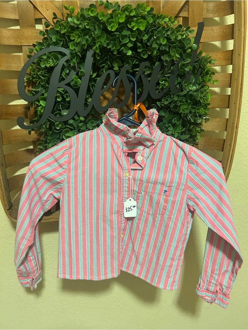 Carter's Pink, White & Light Blue Striped Ruffle-Collar Button-Down